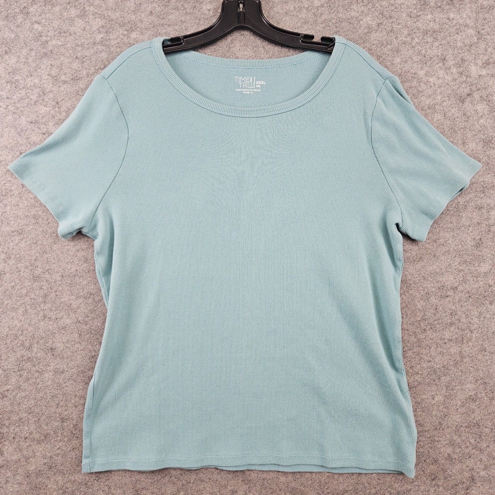 Time and Tru T-Shirt Women's XXXL 22 Blue Ribbed Tee Short Sleeve Cotton Blend